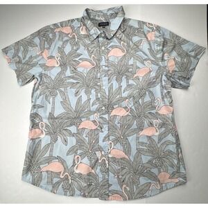 Warehouse One Flamingo Palm Tree Tropical Button Down Shirt XL Light Blue Pink